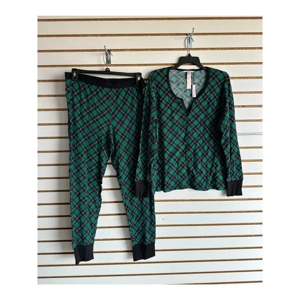 NWT Victoria's Secret 2pc Green Plaid PJ Set XXL 2X Lounge Pajamas